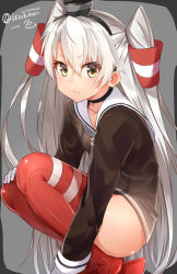 Rule 34 | 10s, 1girl, amatsukaze (kancolle), blush, brown eyes, dress, garter straps, gloves, hair tubes, isshiki (ffmania7), kantai collection, long hair, sailor dress, silver hair, solo, squatting, striped, thighhighs, two side up
