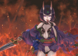 Rule 34 | absurdres, arm up, bikini, bikini top only, black hair, black panties, blood, blood on face, blood on hands, bridal gauntlets, fang, fate/grand order, fate (series), fire, flat chest, gem, gourd, hair ornament, hand to own mouth, highres, holding, horns, japanese clothes, kimono, licking, licking blood, licking finger, obi, off shoulder, oni, open clothes, open kimono, open mouth, outstretched arm, panties, purple eyes, purple kimono, sash, short hair, shuten douji (fate), skin-covered horns, slit pupils, smile, solo, swimsuit, sword, tongue, tongue out, underwear, weapon, yasu (segawahiroyasu)