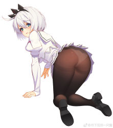 Rule 34 | 1girl, :p, ahoge, all fours, arm support, ass, blue eyes, bob cut, breasts, brown pantyhose, dress, elphelt valentine, from behind, full body, guilty gear, guilty gear xrd, highres, icarus (artist), juliet sleeves, loafers, long sleeves, looking at viewer, looking back, medium breasts, panties, panties under pantyhose, pantyhose, pleated dress, puffy sleeves, school uniform, shoes, short dress, short hair, simple background, sleeves past wrists, solo, spoilers, thighband pantyhose, tiara, tongue, tongue out, underwear, weibo watermark, white background, white dress, white hair
