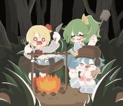 Rule 34 | 3girls, animated, animated gif, ascot, black skirt, black vest, blonde hair, blue skirt, blue vest, bow, brown headwear, campfire, cirno, cirno (cookie), closed eyes, collared shirt, commentary request, cookie (touhou), cooking, daiyousei, diyusi (cookie), fire, forest, fork, full body, green hair, hair between eyes, hair bow, hair ribbon, hat, headset, highres, holding, holding fork, holding knife, knife, long bangs, long sleeves, looping animation, meat tenderizer, medium bangs, multiple girls, nadeko (cookie), nature, open mouth, red ascot, red eyes, red ribbon, ribbon, rotisserie, rumia, saneru, shirt, short hair, side ponytail, skirt, skirt set, smile, squatting, standing, sukusuku hakutaku, touhou, vest, white eyes, white shirt, yellow ascot, yellow bow