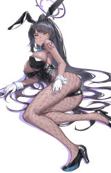 Rule 34 | 1girl, animal ears, ass, bare shoulders, black hair, black leotard, blue archive, blush, bow, bowtie, breasts, curvy, dark-skinned female, dark skin, detached collar, fake animal ears, fishnet pantyhose, fishnets, gloves, hands up, high heels, highleg, highleg leotard, highres, karin (blue archive), karin (bunny) (blue archive), large breasts, leotard, long hair, looking at viewer, nian (zhanian), number tattoo, official alternate costume, pantyhose, playboy bunny, ponytail, rabbit ears, shiny clothes, shiny skin, shoulder tattoo, sidelocks, solo, strapless, strapless leotard, tattoo, traditional bowtie, very long hair, white gloves, wide hips, wrist cuffs, yellow eyes