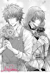Rule 34 | 2boys, apron, arm warmers, bouquet, cape, cloak, closed eyes, closed mouth, collared shirt, corset, dual persona, flower, greyscale, hair between eyes, holding, holding bouquet, holding flower, hood, hood up, hooded cape, imai miu, ittoki otoya, looking at viewer, male focus, monochrome, multiple boys, official alternate costume, open cloak, open clothes, shirt, short hair, signature, sleeves rolled up, smile, spider lily, upper body, uta no prince-sama