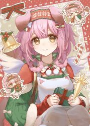 Rule 34 | &gt; &lt;, 1girl, animal ears, apron, arknights, asahi (abc123lkb), bell, blush, bow, candy, candy cane, capelet, cat ears, cat girl, chibi, christmas, commentary, fake wings, food, full body, gift, goldenglow (arknights), goldenglow (maiden for the bright night) (arknights), green bow, green sweater, hair between eyes, hair bow, hair rings, headband, highres, holding, holding gift, instrument, long sleeves, looking at viewer, multiple views, music, patterned background, pink hair, playing instrument, pom pom (clothes), red background, red capelet, red headband, ribbed sweater, ribbon, scottish fold, see-through, see-through legwear, short hair, sidelocks, smile, star (symbol), sweater, trumpet, upper body, wings, yellow eyes