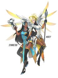Rule 34 | 2girls, black hair, blonde hair, boots, character name, dark-skinned female, dark skin, full body, gun, headgear, high ponytail, highres, jie cao kong, knee boots, long hair, looking at another, mechanical wings, mercy (overwatch), multiple girls, nail polish, overwatch, overwatch 1, pantyhose, simple background, staff, symmetra (overwatch), thighhighs, visor, weapon, white background, wings, yellow wings
