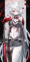 Rule 34 | 1girl, absurdres, acheron (honkai: star rail), bare shoulders, belt, black belt, breasts, cleavage, commentary request, cowboy shot, crop top, grey shorts, hair over one eye, highres, honkai: star rail, honkai (series), katana, large breasts, long hair, looking at viewer, midriff, na-mon, navel, official alternate color, red eyes, short shorts, shorts, solo, standing, stomach, sword, thighs, very long hair, weapon, white hair