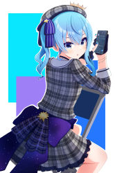 Rule 34 | 1girl, absurdres, banana de ikopon, belt, beret, blue belt, blue choker, blue eyes, blue gloves, blue hair, blue nails, blue ribbon, blush, bracelet, cellphone, chair, choker, commentary, dress, feet out of frame, fingerless gloves, folding chair, frilled dress, frills, from behind, gloves, grey dress, grey hat, hair ribbon, hands up, hat, highres, hololive, hoshimachi suisei, hoshimachi suisei (1st costume), jewelry, leaning forward, long sleeves, looking back, medium hair, multicolored background, nail polish, open mouth, partially fingerless gloves, phone, plaid, plaid dress, plaid headwear, ribbon, shadow, side ponytail, sidelocks, sitting, sitting backwards, smartphone, solo, star (symbol), star in eye, striped ribbon, symbol in eye, virtual youtuber