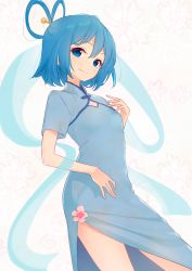 Rule 34 | 1girl, alternate costume, blue eyes, blue hair, china dress, chinese clothes, contrapposto, cowboy shot, dress, flat chest, floral background, hagoromo, hair ornament, hair rings, hair stick, hand on own chest, highres, kaku seiga, kanpa (campagne 9), leaning back, light smile, looking at viewer, patterned background, shawl, solo, standing, touhou, white background