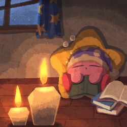 Rule 34 | book, bubble, candle, curtains, fire, indoors, kirby, kirby (series), miclot, nintendo, no humans, open book, polka dot, sleeping, sleeping upright, solo, window