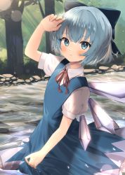 Rule 34 | 1girl, ahoge, blue bow, blue dress, blue eyes, blue hair, blurry, blurry background, blush, bow, cirno, closed mouth, cowboy shot, dress, eyebrows hidden by hair, flat chest, frown, frozen lake, furrowed brow, glint, goma (u p), hair bow, hand up, ice, ice wings, lens flare, light rays, looking at viewer, outdoors, pinafore dress, puffy short sleeves, puffy sleeves, red neckwear, red ribbon, ribbon, short hair, short sleeves, skirt grab, sleeveless dress, solo, sweat, touhou, tree, wing collar, wings