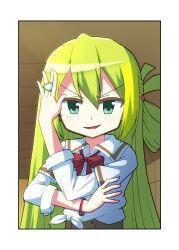 Rule 34 | 1girl, absurdres, alina gray, blonde hair, blush, bow, bowtie, green eyes, green hair, hair between eyes, highres, holding, ketsu koro mo (ketsukoro), layered sleeves, long hair, long sleeves, looking at viewer, loose bowtie, magia record: mahou shoujo madoka magica gaiden, mahou shoujo madoka magica, multicolored hair, open mouth, red bow, red bowtie, red wristband, sakae general school uniform, school uniform, shirt, short over long sleeves, short sleeves, side-tie shirt, sidelocks, single hair ring, sleeve cuffs, sleeves rolled up, smile, solo, soul gem, straight hair, streaked hair, v-shaped eyebrows, white shirt, wing collar