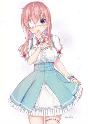 Rule 34 | 1girl, blush, dress, eyepatch, female focus, looking at viewer, low twintails, nei (os), open mouth, original, os (os fresa), pink hair, purple eyes, simple background, solo, twintails, twitter username, white background