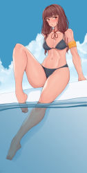 Rule 34 | 1girl, :o, alternate breast size, armband, bare legs, bare shoulders, barefoot, bikini, black bikini, blue sky, blunt bangs, blush, breasts, brown eyes, brown hair, cleavage, collarbone, commission, day, full body, highres, iino miko, kaguya-sama wa kokurasetai ~tensai-tachi no renai zunousen~, large breasts, long hair, looking at viewer, low twintails, navel, neck ribbon, open mouth, outdoors, pixiv commission, pool, red ribbon, ribbon, sitting, sky, soaking feet, solo, stomach, swimsuit, taiko3000cc, twintails, water