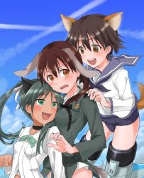 Rule 34 | 3girls, :d, animal ears, aqua eyes, brown eyes, brown hair, cloud, contrail, day, fang, francesca lucchini, gertrud barkhorn, miyafuji yoshika, multiple girls, open mouth, ryoujirou (ryojiron), school swimsuit, sky, smile, strike witches, striker unit, swimsuit, tail, teeth, world witches series