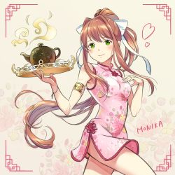 Rule 34 | 1girl, akikoyama, alternate costume, armlet, bare shoulders, breasts, brown hair, character name, china dress, chinese clothes, cowboy shot, doki doki literature club, dress, floral background, floral print, green eyes, hair ribbon, hand on own chest, heart, highres, holding, holding tray, long hair, looking at viewer, medium breasts, monika (doki doki literature club), pink dress, ponytail, print dress, ribbon, short dress, side slit, sidelocks, simple background, sleeveless, sleeveless dress, smile, solo, teapot, tray, very long hair, white ribbon