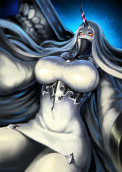 Rule 34 | 10s, 1girl, abyssal ship, blue background, blurry, breasts, covered mouth, cowboy shot, curvy, depth of field, dress, glowing, glowing eyes, horns, huge breasts, kantai collection, long hair, long sleeves, looking at viewer, orange eyes, pale skin, ribbed dress, scotishfold, seaport princess, short dress, single horn, solo, thick thighs, thighs, turtleneck, underbust, very long hair, white hair, wide hips, wide sleeves