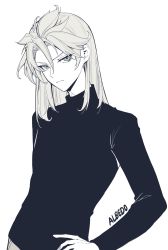 Rule 34 | 0jae, 1boy, albedo (genshin impact), alternate costume, bishounen, character name, closed mouth, genshin impact, greyscale, hair between eyes, hand on own hip, highres, long sleeves, looking at viewer, male focus, monochrome, scar, scar on neck, simple background, solo, sweater, turtleneck, turtleneck sweater, upper body