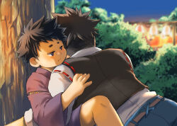 Rule 34 | 2boys, age difference, black hair, blurry, blurry background, brown hair, character request, commentary request, denim, evening, half-closed eyes, hug, japanese clothes, jeans, kimoto hajime, long sleeves, male focus, multiple boys, onii-shota, outdoors, pants, tamacolle, tree