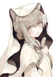Rule 34 | 1girl, :o, animal ears, blush, brown eyes, cecilia (shiro seijo to kuro bokushi), commentary request, fang, from side, hands up, holding tail, kazutake hazano, kemonomimi mode, long hair, long sleeves, looking at viewer, medium hair, open mouth, robe, shiro seijo to kuro bokushi, sidelocks, simple background, skin fang, solo, tail, two-sided fabric, upper body, white background