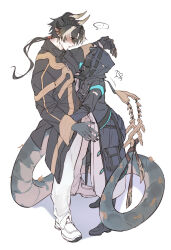 Rule 34 | ..., 1boy, 1girl, absurdres, arknights, black coat, black footwear, black gloves, black hair, black nails, blush, chinese clothes, chong yue (arknights), closed mouth, coat, collared coat, colored extremities, doctor (arknights), dragon boy, dragon horns, dragon tail, ear blush, earrings, facing another, female doctor (arknights), full body, gloves, half gloves, hand up, high collar, highres, hood, hood up, hooded coat, horns, hug, jewelry, korean text, long hair, long sleeves, long tail, looking at another, low ponytail, mask, multicolored hair, pants, pointy ears, red eyes, simple background, single glove, spoken ellipsis, standing, streaked hair, tail, translation request, walhee221, white background, white footwear, white pants, wide sleeves