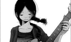 Rule 34 | 1girl, black hair, black jacket, black shirt, closed eyes, closed mouth, greyscale, guitar, hand up, inoue meiko, instrument, jacket, long hair, monochrome, official art, shirt, simple background, smile, solanin, solo, very long hair, white background