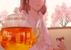 Rule 34 | 1boy, 1girl, absurdres, brown hair, cherry blossoms, dessert, earrings, food, glass teapot, highres, indoors, jewelry, mont blanc (food), nap on a cloud, original, pastry, reflection, shirt, tea, teapot, waiter, white shirt, window