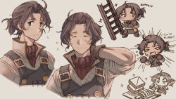 Rule 34 | 1boy, booby trap, brown eyes, brown hair, chibi, commentary, gloves, high collar, highres, jens macher, korina (mrpuripurin), ladder, looking at viewer, male focus, multiple views, overalls, short ponytail, simple background, sleeves rolled up, smile, solo, symbol-only commentary, triangle strategy, upper body