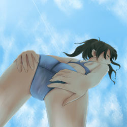Rule 34 | 1girl, ass, black hair, blush, brown eyes, cloud, competition swimsuit, day, from behind, from below, looking back, lost july, one-piece swimsuit, open mouth, original, sky, solo, swimsuit