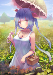 Rule 34 | 10s, 1girl, alternate costume, basket, blue hair, blue nails, blue sky, blush, breasts, casual, cleavage, cloud, day, dress, fence, field, flower, flower field, hair ribbon, highres, holding, i-19 (kancolle), jewelry, kantai collection, long hair, looking at viewer, medium breasts, nail polish, necklace, outdoors, parasol, purple eyes, ribbon, sky, sleeveless, smile, solo, sonikey0 0, star-shaped pupils, star (symbol), sundress, swimsuit, swimsuit under clothes, symbol-shaped pupils, tree, tri tails, umbrella, upper body, very long hair, white dress, windmill