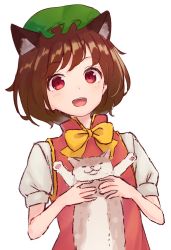Rule 34 | 1girl, :d, animal, animal ears, bow, bowtie, brown hair, cat, cat ears, chen, dress, extra ears, gold trim, hat, highres, holding, holding animal, holding cat, kanpa (campagne 9), light blush, looking at viewer, mob cap, open mouth, red dress, red eyes, short hair, simple background, smile, solo, touhou, white background, yellow bow, yellow bowtie