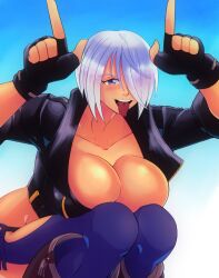 Rule 34 | 1girl, angel (kof), blue eyes, breasts, cleavage, crop top, fingerless gloves, gloves, highres, large breasts, one eye covered, short hair, snk, squatting, teeth, the king of fighters, tongue, tongue out, unclered, upper teeth only, white hair