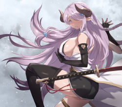 Rule 34 | 1girl, akira (coffee curry), ass, asymmetrical gloves, black dress, black gloves, black thighhighs, blue eyes, blush, braid, breasts, draph, dress, elbow gloves, gloves, granblue fantasy, hair ornament, hair over one eye, highres, horns, katana, large breasts, light purple hair, long hair, looking at viewer, low tied hair, narmaya (granblue fantasy), pointy ears, revision, short dress, sidelocks, single braid, single thighhigh, sleeveless, solo, sword, thighhighs, thighs, uneven gloves, vest, weapon, white vest