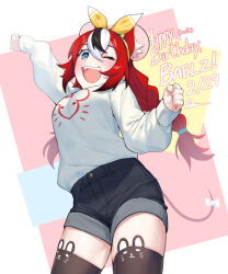 Rule 34 | 1girl, animal ear fluff, animal ears, animal print, black hair, black shorts, black thighhighs, blue eyes, bow, braid, breasts, character name, clenched hands, cowboy shot, cropped legs, dasdokter, from below, hair between eyes, hair bow, hakos baelz, hand up, happy birthday, highres, hololive, hololive english, large breasts, long hair, long sleeves, low twin braids, low twintails, mouse ears, mouse girl, mouse tail, multicolored background, multicolored hair, one eye closed, open mouth, print thighhighs, puffy long sleeves, puffy sleeves, rectangle, red hair, shirt tucked in, shorts, smile, square, standing, strawberry baelz, streaked hair, sweater, tail, tail bow, tail ornament, teeth, thighhighs, thighs, twin braids, twintails, upper body, virtual youtuber, white background, white bow, white hair, white sweater, yellow bow