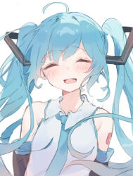 Rule 34 | 1girl, ^ ^, ^o^, absurdres, ahoge, armpit crease, arms behind back, bare shoulders, black sleeves, blue hair, blue necktie, blush, closed eyes, cropped, detached sleeves, dot nose, facing viewer, floating hair, hair intakes, hair ornament, happy, hatsune miku, highres, long hair, long sleeves, necktie, otintin, shoulder tattoo, simple background, sleeveless, smile, solo, straight-on, swept bangs, tattoo, twintails, upper body, vocaloid, white background, wind, wing collar