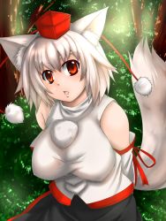 Rule 34 | 1girl, animal ears, arms behind back, bad id, bad pixiv id, breasts, detached sleeves, female focus, hat, highres, inubashiri momiji, large breasts, memento mori (m.m), memento mori (pixiv), red eyes, short hair, silver hair, solo, tail, tokin hat, touhou, wolf ears, wolf tail