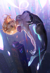 Rule 34 | 1girl, arched back, ass, black bodysuit, blonde hair, blue eyes, bodysuit, breasts, building, city, cityscape, cleavage, commentary, english commentary, fan yang (jiuge), grin, gwen stacy, highres, hood, hooded bodysuit, large breasts, looking at viewer, marvel, multicolored bodysuit, multicolored clothes, print bodysuit, red bodysuit, short hair, skin tight, skyscraper, smile, solo, spider-gwen, spider-man: across the spider-verse, spider-man (series), spider-verse, superhero costume, white bodysuit