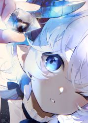 Rule 34 | blue eyes, blue hair, blue ribbon, blush, close-up, commentary, copyright request, dutch angle, frilled shirt collar, frills, gem, hair ribbon, highres, holding, horns, l shiro p, looking at hand, looking at object, looking at viewer, low ponytail, neck ribbon, one eye closed, pointy ears, ponytail, portrait, ribbon, simple background, solo, symbol-only commentary, white background, white hair