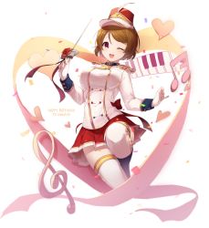 Rule 34 | 1girl, ;d, bad id, bad pixiv id, band uniform, conductor baton, brown hair, character name, clenched hand, confetti, double-breasted, epaulettes, happy birthday, hat, hat feather, heart, highres, koizumi hanayo, long sleeves, looking at viewer, love live!, love live! school idol festival, love live! school idol project, miniskirt, musical note, one eye closed, open mouth, piano keys, pinky out, pleated skirt, pompitz, purple eyes, ribbon, shako cap, short hair, skirt, smile, solo, thighhighs, treble clef