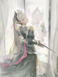 Rule 34 | 1girl, absurdres, apron, arknights, black dress, black gloves, closed mouth, commentary, dress, expressionless, feet out of frame, from behind, furioso, gloves, grey hair, head wings, highres, irene (arknights), irene (voyage of feathers) (arknights), juliet sleeves, long hair, long sleeves, looking at viewer, looking back, maid, maid apron, maid headdress, official alternate costume, pink eyes, ponytail, puffy sleeves, solo, sword earrings, wings