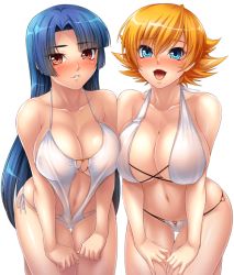 Rule 34 | 00s, 2girls, :d, asymmetrical docking, barefoot, bikini, blonde hair, blue eyes, blue hair, blunt bangs, blush, breast press, breasts, cleavage, clenched hands, collarbone, cross-laced bikini, cross-laced clothes, embarrassed, flipped hair, groin, hands on thighs, heart, hime cut, igawa sakura, kagami hirotaka, kneeling, large breasts, leaning forward, lilith-soft, long hair, looking at viewer, multiple girls, navel, nose blush, o-ring, o-ring bikini, o-ring top, official art, one-piece swimsuit, open mouth, orange hair, parted bangs, parted lips, red eyes, short hair, side-by-side, sideboob, slingshot swimsuit, smile, string bikini, swimsuit, taimanin (series), taimanin asagi, taimanin asagi kessen arena, thigh gap, transparent background, very long hair, white bikini, white one-piece swimsuit, yatsu murasaki