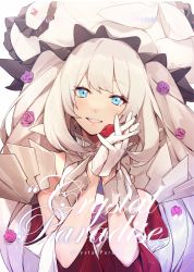 Rule 34 | 1girl, absurdres, blue eyes, dress, english text, eyelashes, fate/grand order, fate (series), flower, frilled hat, frills, gem, gloves, hair flower, hair ornament, hat, headpiece, highres, large hat, lips, long hair, looking at viewer, marie antoinette (fate), marie antoinette (third ascension) (fate), no-kan, own hands together, pink flower, pink rose, purple flower, purple rose, red flower, red rose, rose, silver hair, simple background, smile, solo, twintails, very long hair, white background, white hat