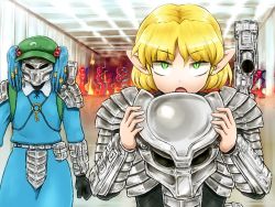 Rule 34 | 2girls, armor, black gloves, blonde hair, blue hair, cannon, christmas, commentary request, cosplay, crossover, fire, gauntlets, gloves, green eyes, hair bobbles, hair ornament, hat, helmet, kawashiro nitori, looking at viewer, mizuhashi parsee, multiple girls, open mouth, pointy ears, power armor, predator (1987), predator (character), predator (series), shirosato, touhou, twintails, weapon