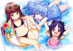 Rule 34 | 3girls, :3, ahoge, animal ears, arms up, ass, bad id, bad pixiv id, bikini, black bikini, blue eyes, blue hair, blush, brown hair, drinking straw, eyewear on head, fangs, floater (floater80012059), flower, food, from above, glass, glasses, hair ribbon, haruta (806060), heart, heart-shaped eyewear, heart-shaped glasses, inflatable armbands, innertube, long hair, looking at viewer, looking up, mouth hold, multiple girls, navel, one-piece swimsuit, open mouth, original, pink one-piece swimsuit, popsicle, purple hair, red eyes, ribbon, smile, sunglasses, swim ring, swimsuit, tail, wading, water, white one-piece swimsuit, yellow eyes