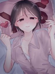 Rule 34 | 1girl, absurdres, baby (demotsu), bed sheet, black hair, bra, breasts, brown eyes, closed mouth, collarbone, embarrassed, fruits basket, hands up, heart, highres, looking at viewer, lying, on back, on bed, partially unbuttoned, pillow, short hair, short sleeves, small breasts, solo, souma akito, underwear, upper body, white bra, yes, yes-no pillow