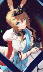 Rule 34 | 1girl, absurdres, alternate costume, amiya (arknights), animal ear fluff, animal ears, arknights, blue eyes, blue nails, bracelet, cape, closed mouth, crown, dress, frills, fur-trimmed cape, fur trim, globus cruciger, hair ornament, highres, jewelry, lens flare, looking at viewer, multiple rings, nail polish, rabbit ears, red cape, ring, short hair with long locks, short sleeves, sidelocks, solo, upper body, v-shaped eyebrows, white dress, zayur