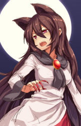 Rule 34 | 1girl, animal ears, bad id, bad pixiv id, brooch, brown hair, cowboy shot, dress, fingernails, hair between eyes, highres, imaizumi kagerou, jewelry, long fingernails, long hair, long sleeves, looking to the side, nail polish, oborofu, open mouth, red eyes, sharp fingernails, solo, tail, touhou, very long hair, wolf ears, wolf tail