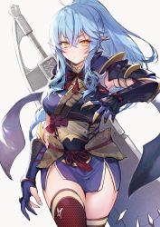Rule 34 | 1girl, ahoge, alternate hairstyle, armor, blue hair, blush, breasts, elf, fingernails, greatsword, haoni, highres, hololive, huge weapon, large breasts, light blue hair, long hair, looking at viewer, pointy ears, ponytail, red thighhighs, serious, sharp fingernails, simple background, solo, sword, thighhighs, thighs, virtual youtuber, weapon, white background, yellow eyes, yukihana lamy