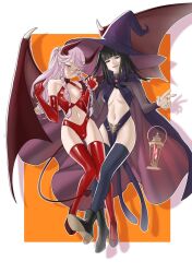 Rule 34 | 2girls, alternate costume, black eyes, black hair, boots, braid, breasts, cape, commission, demon girl, demon wings, elbow gloves, fire emblem, fire emblem awakening, gloves, gluteal fold, halloween, halloween costume, hat, highres, holding hands, horns, long hair, looking at viewer, medium breasts, multiple girls, nintendo, olivia (fire emblem), open mouth, orange background, pelvic curtain, pink eyes, pink hair, pomelomelon, ponytail, revealing clothes, smile, tharja (fire emblem), thighhighs, twin braids, wings, witch, witch hat