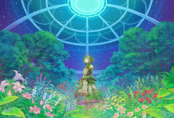 Rule 34 | 1girl, android, blue eyes, blue hair, flower, garden, glowing, grass, hiko (scape), mold, nature, robot, sky, smile, solo, space, star (sky), starry sky, tree, watering can