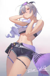 Rule 34 | 1girl, absurdres, bare arms, bare shoulders, belt, black shorts, commentary, cowboy shot, crop top, drill hair, eyewear on head, gradient background, grey background, grey eyes, grey hair, highres, honkai: star rail, honkai (series), long hair, looking at viewer, midriff, navel, ponytail, revision, shengkai167, shirt, short shorts, shorts, silver wolf (honkai: star rail), single-shoulder shirt, solo, standing, stomach, sunglasses, thigh strap, thighs, white background, white belt, white shirt