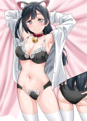Rule 34 | 1girl, adjusting clothes, adjusting panties, animal ear fluff, animal ears, armpits, arms behind head, bell, black bra, black hair, black panties, blush, bra, breasts, choker, cleavage, collarbone, commentary request, cowboy shot, dress shirt, fake animal ears, grey eyes, groin, hairband, highres, jingle bell, large breasts, lingerie, lipstick, looking at viewer, love live!, love live! nijigasaki high school idol club, makeup, navel, panties, revision, shadow, shirt, side ponytail, smile, solo, strap gap, thighhighs, unbuttoned, underwear, white shirt, white thighhighs, yopparai oni, yuki setsuna (love live!)